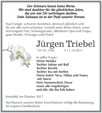 Traueranzeige von Jürgen Triebel von Mitteldeutsche Zeitung