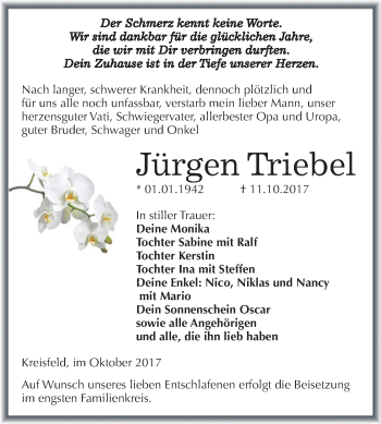 Traueranzeige von Jürgen Triebel von Wochenspiegel Mansfelder Land