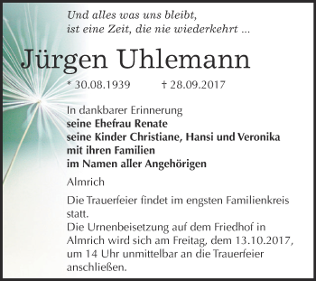 Traueranzeige von Jürgen Uhlemann von WVG - Wochenspiegel NMB / WSF / ZTZ
