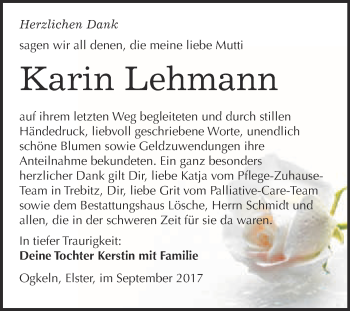 Traueranzeige von Karin Lehmann von WVG - Wochenspiegel Wittenberg