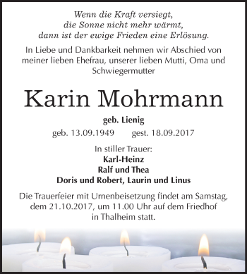 Traueranzeige von Karin Mohrmann von Mitteldeutsche Zeitung Bitterfeld