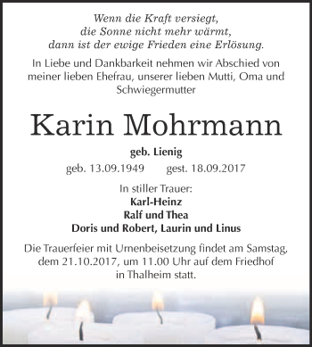 Traueranzeige von Karin Mohrmann von WVG - Wochenspiegel Bitterfeld