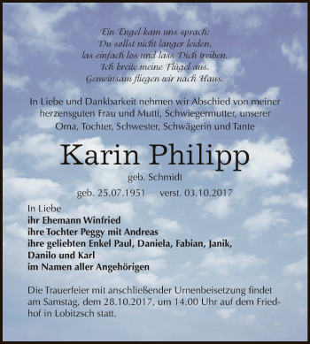 Traueranzeige von Karin Philipp von WVG - Wochenspiegel NMB / WSF / ZTZ