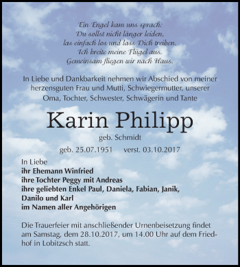 Traueranzeige von Karin Philipp von Mitteldeutsche Zeitung Weißenfels