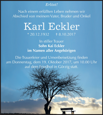 Traueranzeige von Karl Eckler von Mitteldeutsche Zeitung Köthen