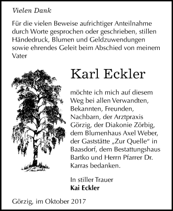 Traueranzeige von Karl Eckler von Mitteldeutsche Zeitung Köthen