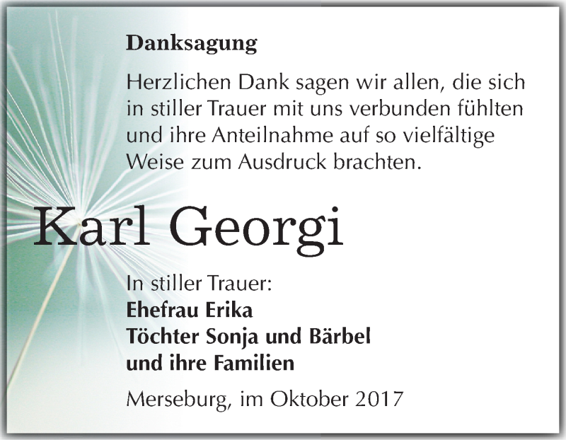  Traueranzeige für Karl Georgi vom 14.10.2017 aus Mitteldeutsche Zeitung Merseburg/Querfurt