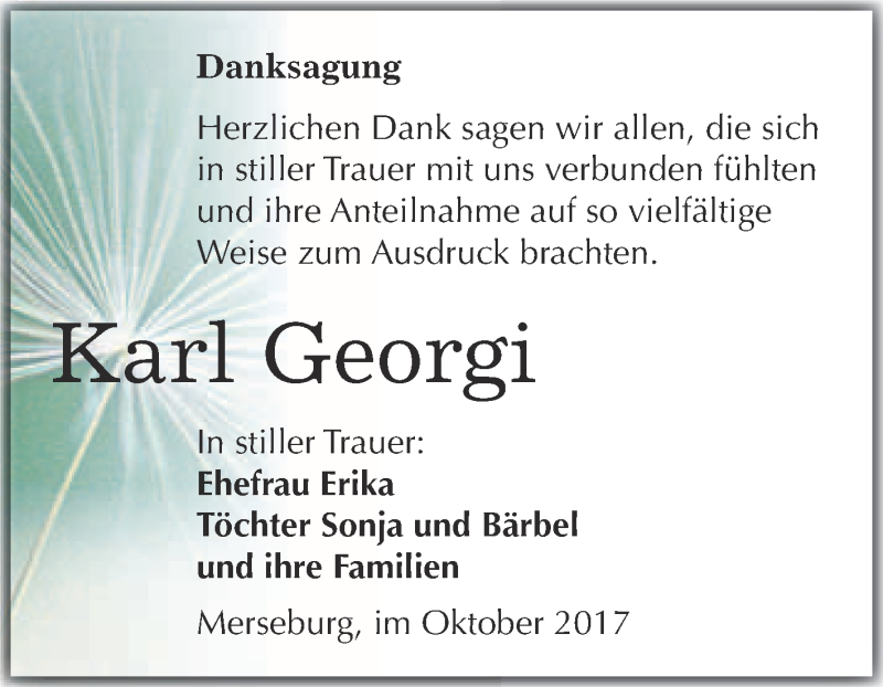 Traueranzeige für Karl Georgi vom 18.10.2017 aus Super Sonntag Merseburg