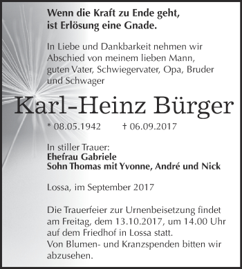 Traueranzeige von Karl-Heinz Bürger von WVG - Wochenspiegel NMB / WSF / ZTZ
