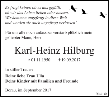 Traueranzeige von Karl-Heinz Hilburg von WVG - Wochenspiegel NMB / WSF / ZTZ