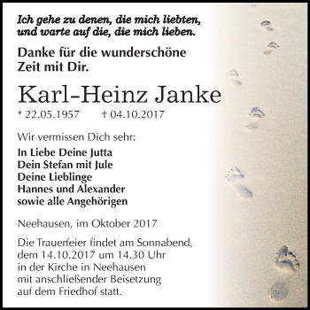 Traueranzeige von Karl-Heinz Janke von Wochenspiegel Mansfelder Land
