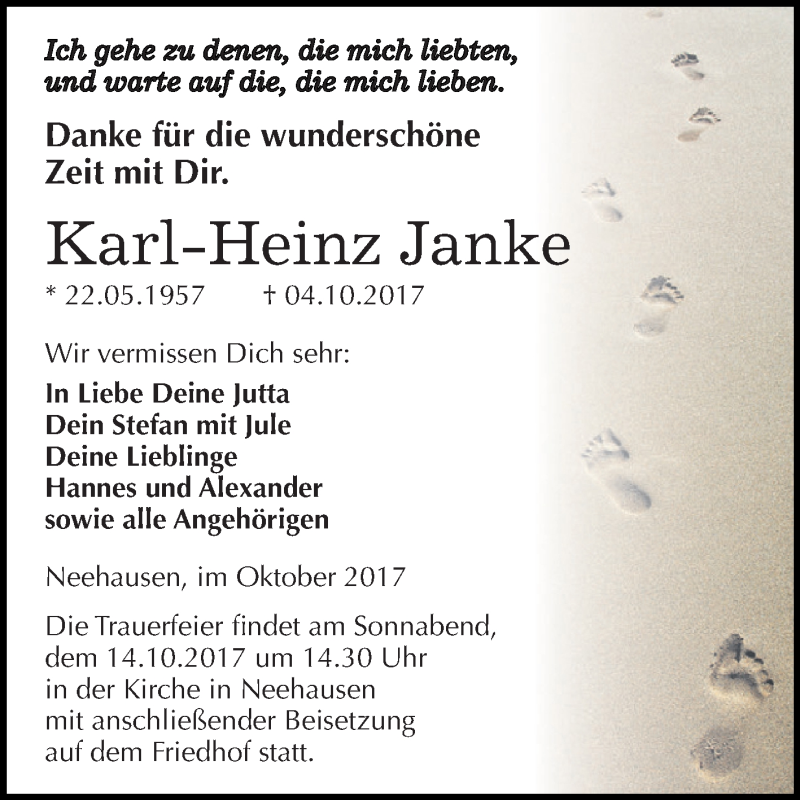  Traueranzeige für Karl-Heinz Janke vom 11.10.2017 aus Wochenspiegel Mansfelder Land