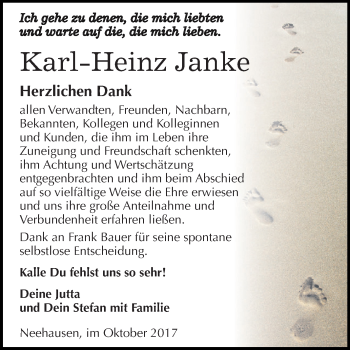 Traueranzeige von Karl-Heinz Janke von Wochenspiegel Mansfelder Land