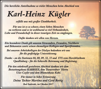 Traueranzeige von Karl-Heinz Kügler von WVG - Wochenspiegel Quedlinburg