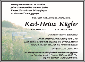 Traueranzeige von Karl-Heinz Kügler von WVG - Wochenspiegel Quedlinburg