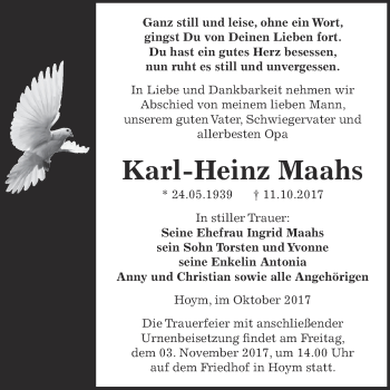 Traueranzeige von Karl-Heinz Maahs von Super Sonntag Aschersleben