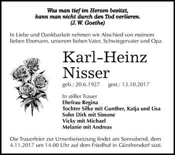 Traueranzeige von Karl-Heinz Nisser von Mitteldeutsche Zeitung Merseburg/Querfurt