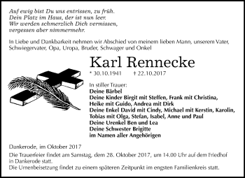 Traueranzeige von Karl Rennecke von Mitteldeutsche Zeitung Quedlinburg