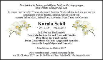 Traueranzeige von Karola Seidl von Super Sonntag Aschersleben