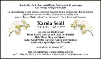Traueranzeige von Karola Seidl von Super Sonntag Aschersleben
