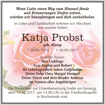 Traueranzeige von Katja Probst von Wochenspiegel Mansfelder Land