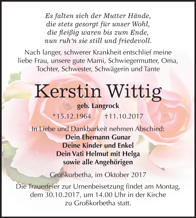  Traueranzeige für Kerstin Wittig vom 14.10.2017 aus Mitteldeutsche Zeitung Weißenfels