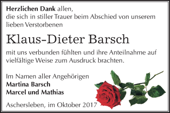 Traueranzeige von Klaus-Dieter Barsch von Mitteldeutsche Zeitung Aschersleben