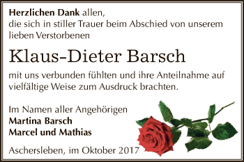 Traueranzeige von Klaus-Dieter Barsch von Super Sonntag Aschersleben