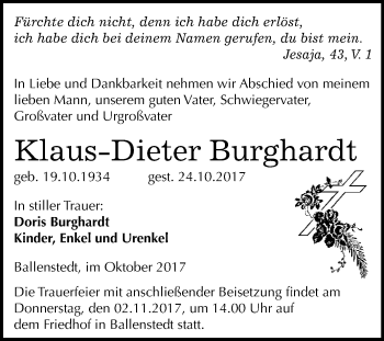 Traueranzeige von Klaus-Dieter Burghardt von WVG - Wochenspiegel Quedlinburg