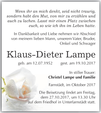Traueranzeige von Klaus-Dieter Lampe von WVG - Wochenspiegel Merseburg