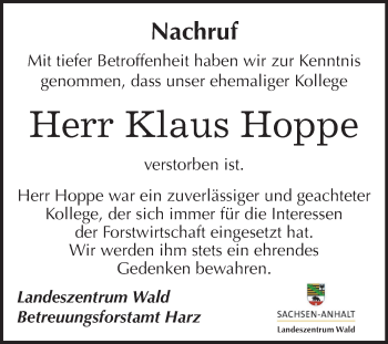 Traueranzeige von Klaus Hoppe von Mitteldeutsche Zeitung Quedlinburg