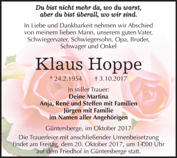 Traueranzeige von Klaus Hoppe von Mitteldeutsche Zeitung Quedlinburg
