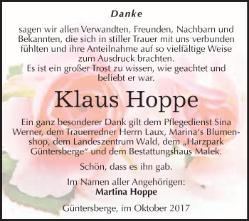 Traueranzeige von Klaus Hoppe von WVG - Wochenspiegel Quedlinburg