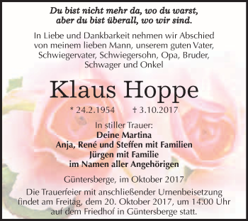 Traueranzeige von Klaus Hoppe von WVG - Wochenspiegel Quedlinburg