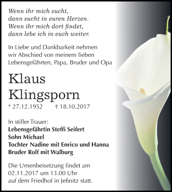 Traueranzeige von Klaus Klingsporn von Mitteldeutsche Zeitung Bitterfeld
