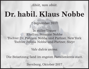 Traueranzeige von Klaus Nobbe von Mitteldeutsche Zeitung Bernburg