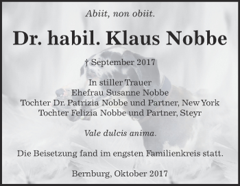 Traueranzeige von Klaus Nobbe von Super Sonntag Bernburg