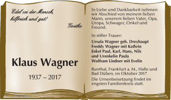 Traueranzeige von Klaus Wagner von Mitteldeutsche Zeitung