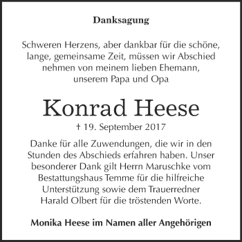 Traueranzeige von Konrad Heese von WVG - Wochenspiegel Bitterfeld