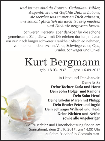 Traueranzeige von Kurt Bergmann von WVG - Wochenspiegel Wittenberg