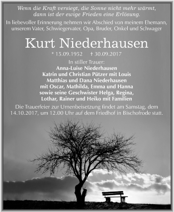 Traueranzeige von Kurt Niederhausen von Mitteldeutsche Zeitung