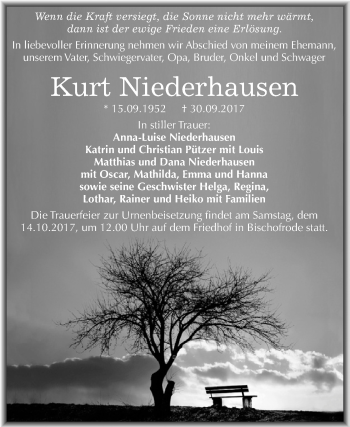Traueranzeige von Kurt Niederhausen von Wochenspiegel Mansfelder Land