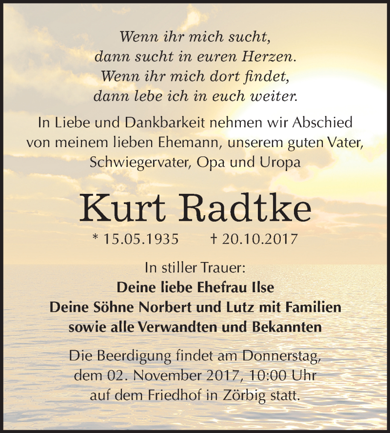 Traueranzeigen von Kurt Radtke www.abschiednehmen.de