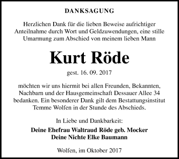 Traueranzeige von Kurt Röde von Mitteldeutsche Zeitung Bitterfeld
