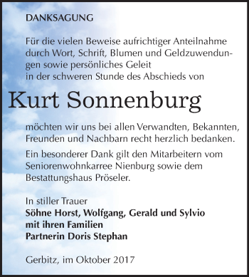 Traueranzeige von Kurt Sonnenburg von Mitteldeutsche Zeitung Bernburg