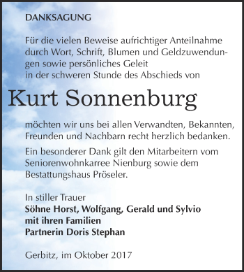 Traueranzeige von Kurt Sonnenburg von Super Sonntag Bernburg