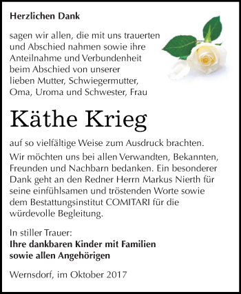 Traueranzeige von Käthe Krieg von WVG - Wochenspiegel NMB / WSF / ZTZ