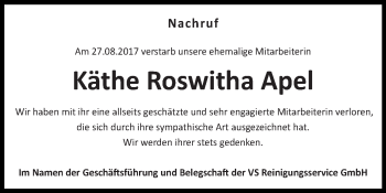 Traueranzeige von Käthe Roswitha Apel von Super Sonntag SGH Mansf. Land
