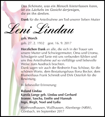 Traueranzeige von Leni Lindau von Super Sonntag SGH Mansf. Land