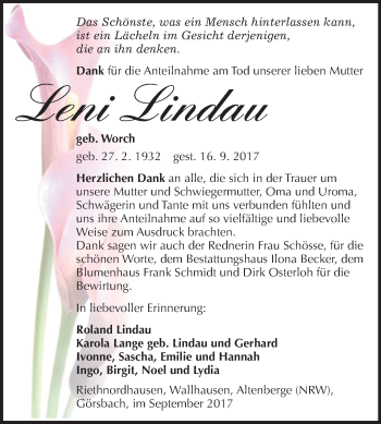 Traueranzeige von Leni Lindau von Mitteldeutsche Zeitung